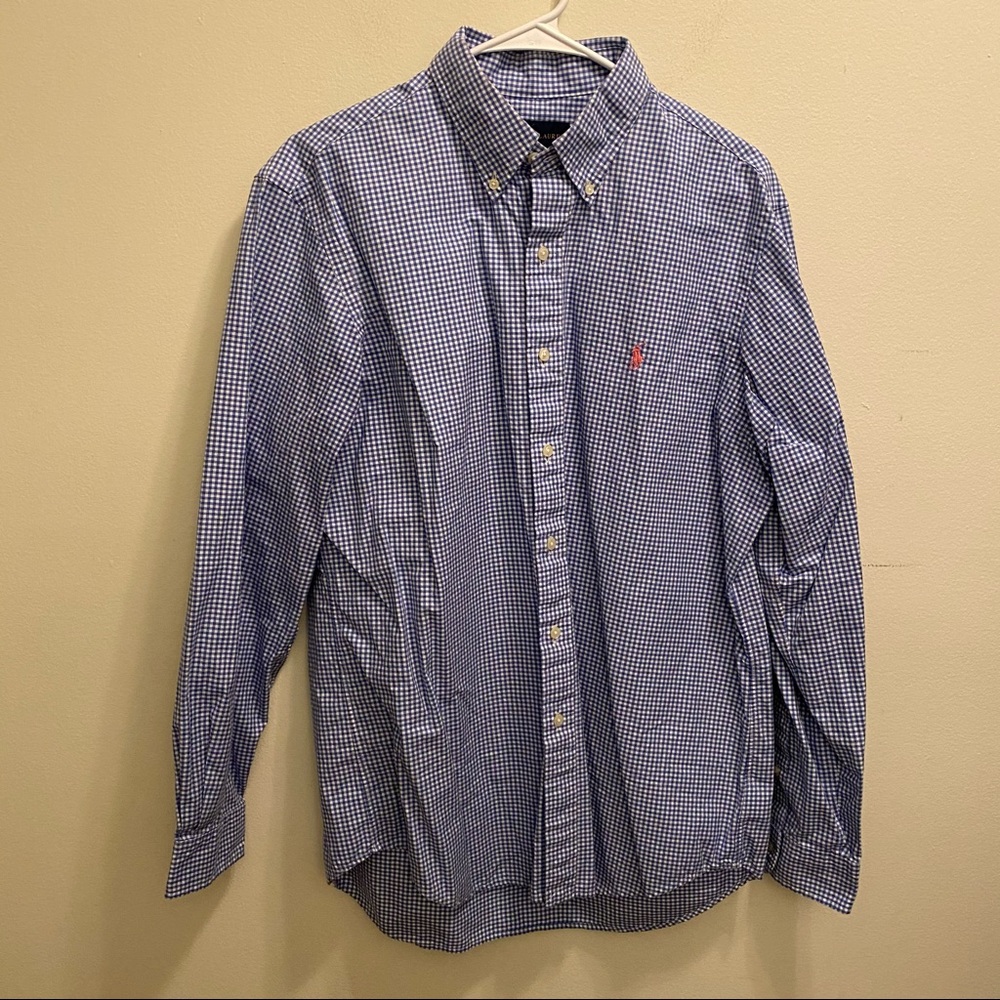Polo Ralph Lauren Blue White Plaid Shirt Large EUC